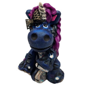 Custom OOAK Clay Unicorn Figurine Signed Whimsical Dark Blue w/ Purple Hair